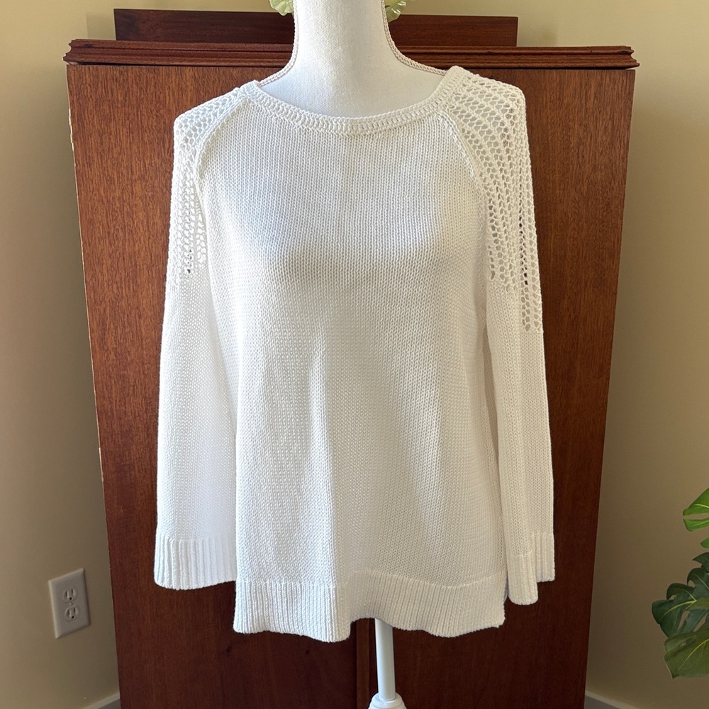 LOFT White Open-Stitch Shoulder Sweater NWOT Medium